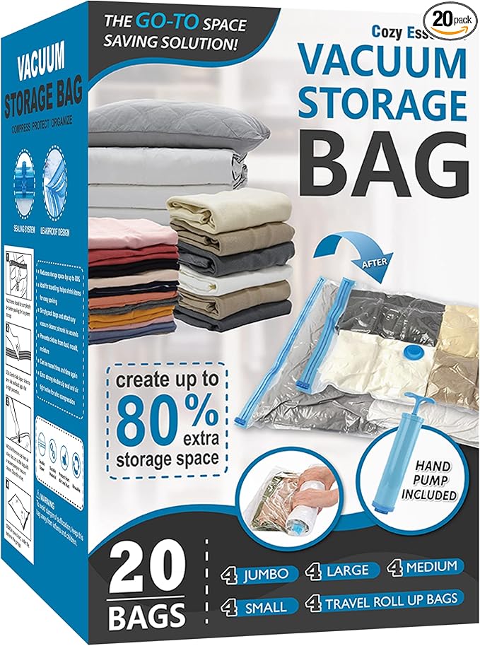 Vacuum Storage Bags with Hand Pump, Vacuum Seal Space Saver Bags,20 Combo | 80% Space-Saving Bags for Clothing, Blankets, Pillows, Bedding & Comforters; Multi-Size Variety Pack for Home & Travel