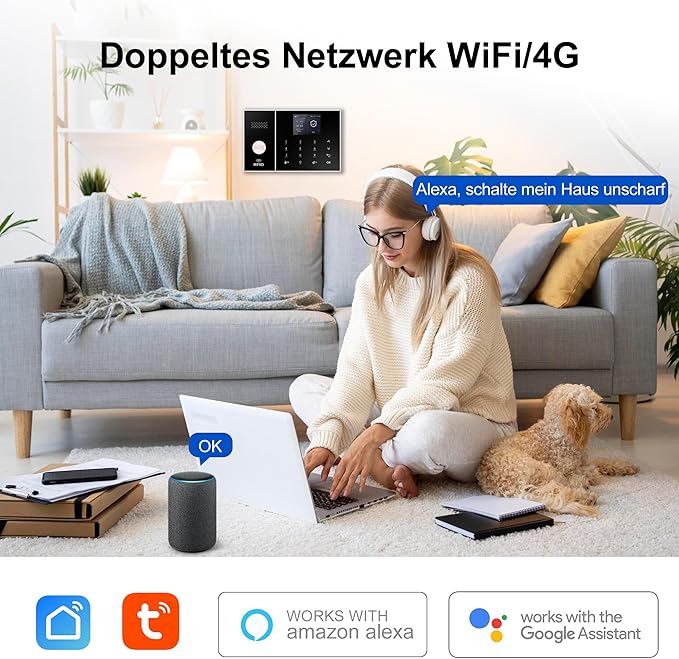 XUK Smart Home Security System,4G/GSM &WiFi Wireless Alarm Kit with Door/Window Sensors,PIR Motion Detectors,App Remote Control,Compatible with Alexa &Google Home,Easy Installation(24pcs Set)
