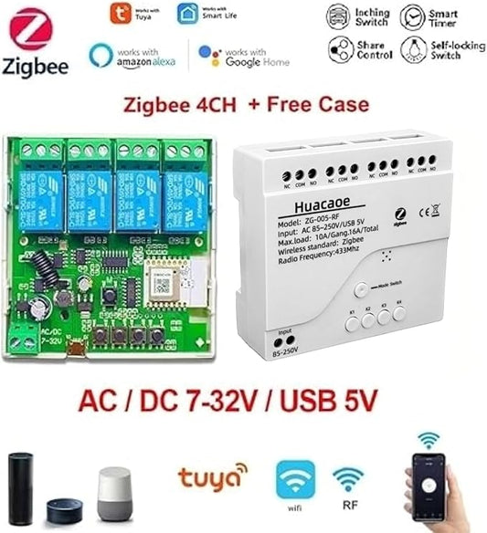 Zigbee 4CH AC 85-250V Relay Smart Switch Module,Wireless APP Remote Control with Inching/Self-Lock/Interlock Switch modle,Works with Tuya Zigbee Gateway,Alexa,Google Home (Required ZigBee Hub)