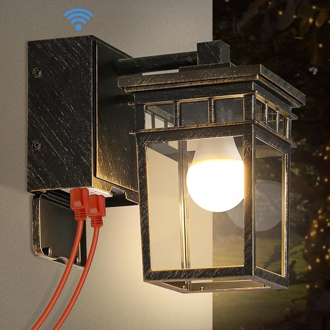 Outdoor Wall Lantern with GFCI Outlet, Dusk to Dawn Outdoor Lighting with Clear Glass Shade, Waterproof Outside Porch Lights for House Garage Front Door, Bulb Included (Black with Brushed Gold)