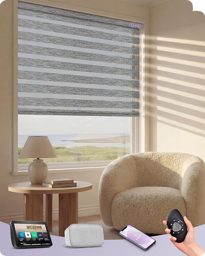 Graywind Motorized Zebra Blinds for Windows, 100% Blackout Smart Blinds with Remote Control, Dual Layer Custom Zebra Shades Work with Alexa, Google Home, Apple Homekit (Bay Fog)