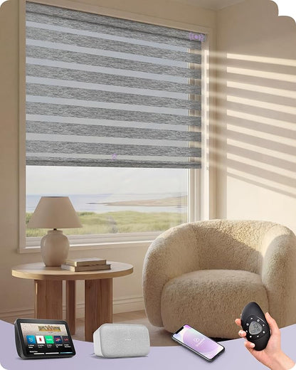 Graywind Motorized Zebra Blinds for Windows, 100% Blackout Smart Blinds with Remote Control, Dual Layer Custom Zebra Shades Work with Alexa, Google Home, Apple Homekit (Bay Fog)