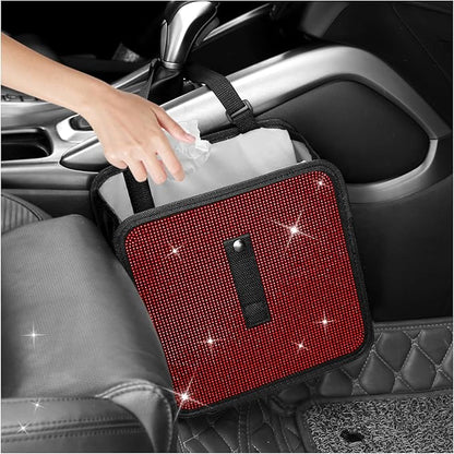 Bling Car Trash Can with Rhinestone,Foldable Car Garbage Can for in-Vehicle Waste Disposal,Multipurpose Hanging Back Seat Organizer & Decorations Fit for Most Cars Trucks (Red)