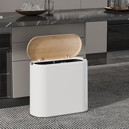 Small Bathroom Trash Can with Lid, 10L/2.6 Gal Slim Wastebasket - Odor & Pet Proof, Inner Bucket & Wood Grain Top, Plastic White Garbage Can for Kitchen, Bedroom, Living Room, Office, RV