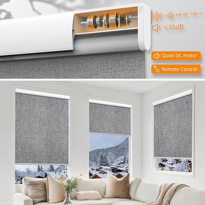 Motorized Smart Blinds with Remote - Cordless Electric Roller Shades, Blackout, Compatible with Alexa & Google Assistant, Gray, 24" W x 72" H