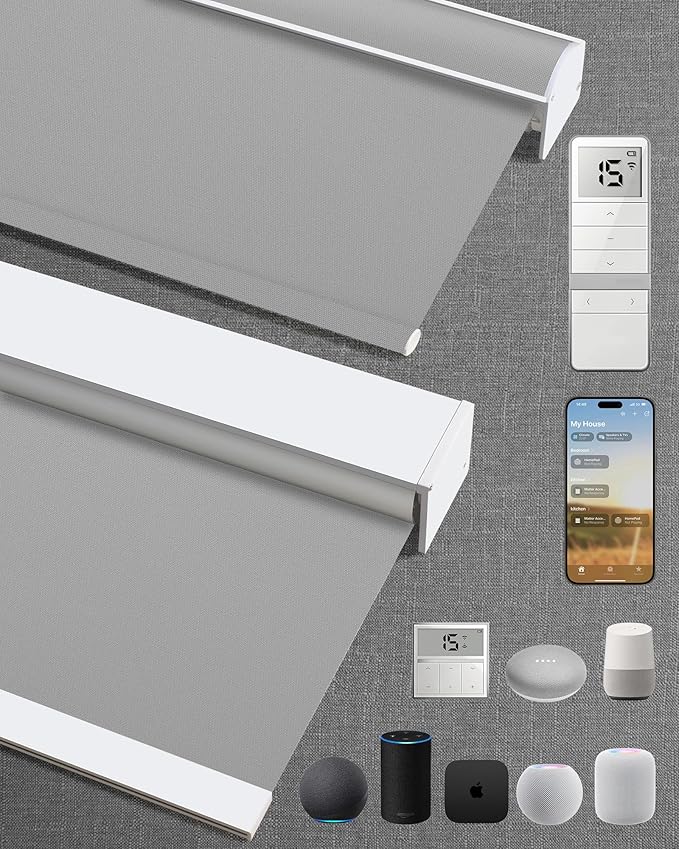 Motorized Blinds with Remote: Kincmo 100% Blackout Roller Shades Work with Apple Homekit,Alexa,Google Home, Customized Electric Blinds with App,Voice Control (100% Blackout Pure Grey)