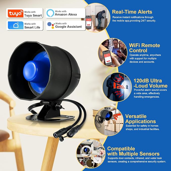 WiFi Security Alarm System Kit-Wireless 120db Loud Weatherproof Siren Horn with Remote Control& Door Contact Sensor&Motion Sensor Alarm Home Hotel Garage Shop Burglar Alarm System