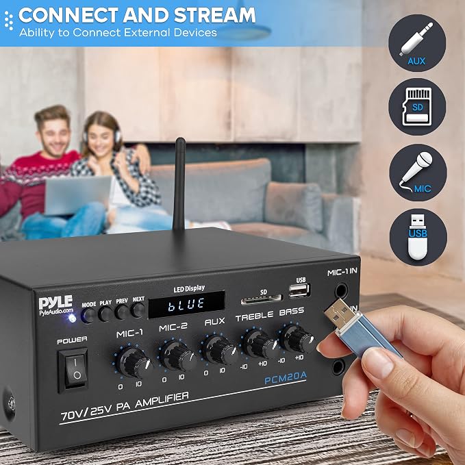 Pyle Compact Mini Home Power Amplifier - 40W Smart Small Audio Stereo Receiver w/AUX, 2 Microphone in, COM/8-Ohm/25V/70V Speakers, LED, Input Selector, for PA, Amplified Speaker Sound System PCM20A.5 | COM/8-Ohm/25V/70V Connect, LED Display - PCM20A.5