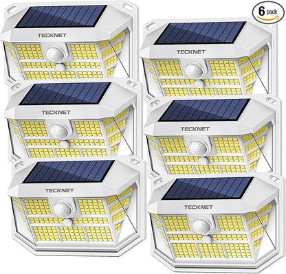 TECKNET 231 LED Solar Motion Lights Outdoor, 300° Angle & 3 Lighting Modes, PIR Motion Sensor & IP65 Security Solar Wall Lights for Fence Front Door Yard Deck Garden Garage(6 Pack)
