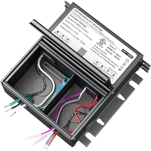 UL Listed 150W 24V 5-in-1 Dimmable LED Driver, Universal Power Supply for TRIAC/Phase, 0-10V, 1-10V, PWM, Potentiometer Dimmers, for LED Strip Lights, Panel, Landscape Lighting, cUL/Class2/ClassP