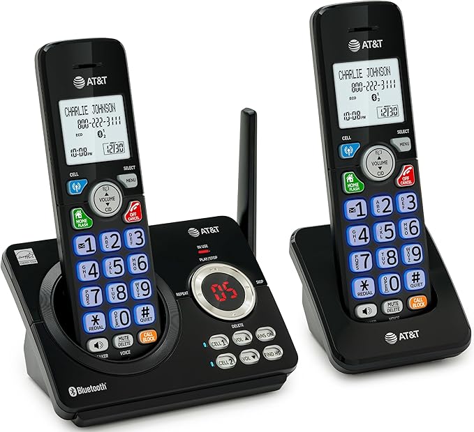 AT&T DL72279 2-Handsets DECT 6.0 Cordless Landline Phone with Bluetooth Connect to Cell, Smart Call Blocker, Digital Answering System, Big Buttons, Unsurpassed Range & ECO Mode