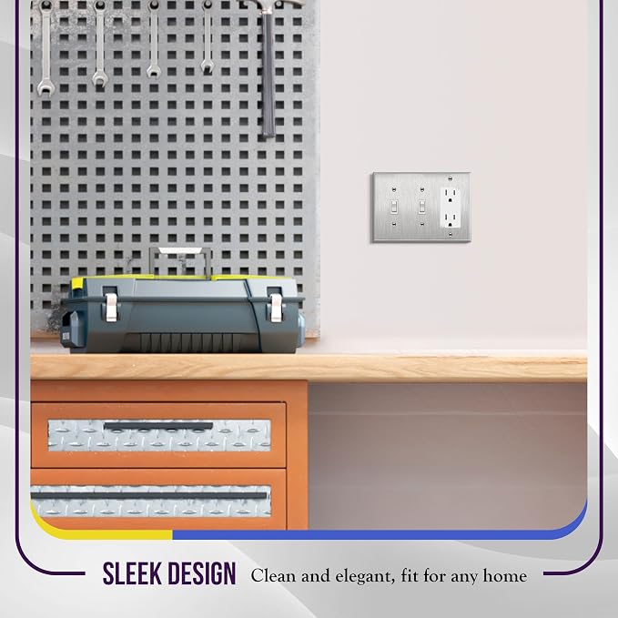 ENERLITES Combination Toggle Light Decorator Switch Metal Wall Plate, Corrosive Resistant, Size 3-Gang 4.50" x 6.38", 430 Gauge Alloy, 771231, Stainless Steel, Silver | Combination two toggle & one decorator, Rust-proof stainless, Standard 3-gang, 3-ye...