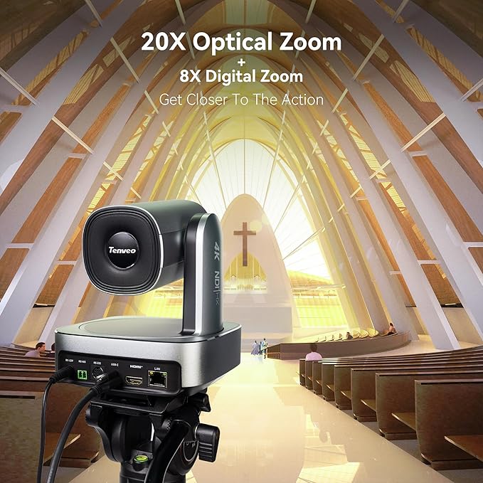 Tenveo 4K NDI PTZ Camera, AI Humanoid & Face Auto-Tracking, 20X Optical + 8X Digital Zoom, USB3.0/HDMI/LAN PoE IP Live Streaming for Church Worship Broadcast Events Video Conference YouTube OBS