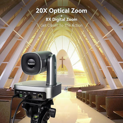 Tenveo 4K NDI PTZ Camera, AI Humanoid & Face Auto-Tracking, 20X Optical + 8X Digital Zoom, USB3.0/HDMI/LAN PoE IP Live Streaming for Church Worship Broadcast Events Video Conference YouTube OBS