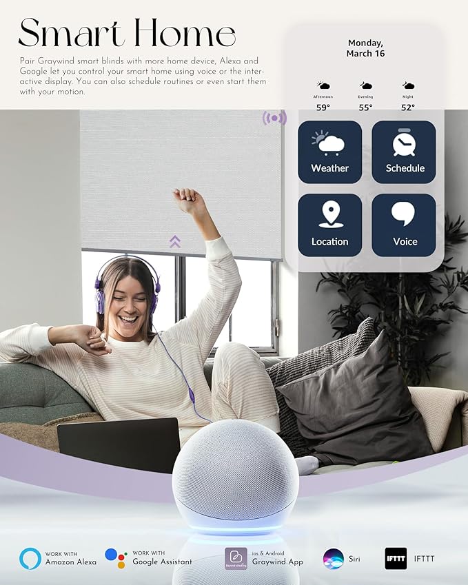 Graywind Motorized Roller Shade Compatible with Alexa Google 100% Blackout Rechargeable Smart Blinds Remote Control Battery Motor Cordless Window Shades, Customized Size (Pure White)
