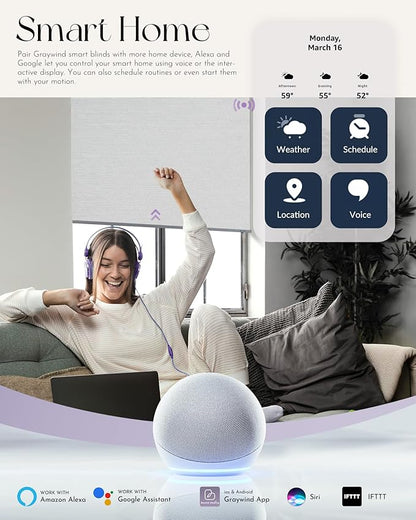 Graywind Motorized Roller Shade Compatible with Alexa Google 100% Blackout Rechargeable Smart Blinds Remote Control Battery Motor Cordless Window Shades, Customized Size (Pure White)