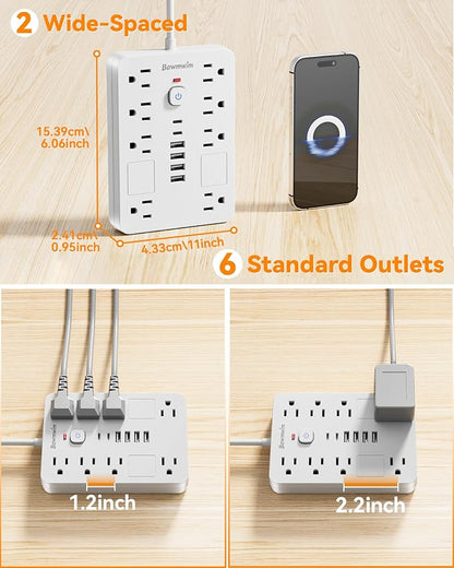 Surge Protector Power Strip - 8 Outlets(1850W/15A/14AWG) with 6 USB Ports（2 USB C, 10FT Flat Plug Extension Cord, Wall Mount Multi Plug Outlet Extender, ETL Listed for Home, Dorm Room, White