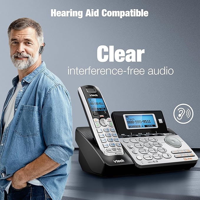 VTech DS6151-2 2-Line Expandable Cordless Phone System with 2 Handsets, Digital Answering System, Caller ID, DECT 6.0 - Home & Small Business (Black/Silver)
