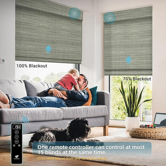 SmartWings Motorized Wood Blinds Smart Wooven Shades Blackout/Light fitlering for Windows, with Remote for Bedroom Living Room, Work with Matter Zigbee Alexa Z-Wave Google Home, Customized, Kenaf 220
