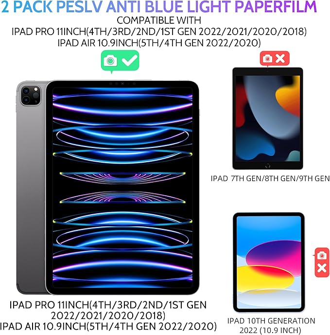 Peslv 2 Pack Anti Blue Light Paper Film for iPad Pro 11 & iPad Air 5th 4th Generation 10.9 Inch, Drawing & Writing Feel Like on Paper, Matte Anti Glare PET Screen Protector, BlueLight Filter Eye