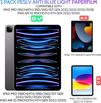 Peslv 2 Pack Anti Blue Light Paper Film for iPad Pro 11 & iPad Air 5th 4th Generation 10.9 Inch, Drawing & Writing Feel Like on Paper, Matte Anti Glare PET Screen Protector, BlueLight Filter Eye