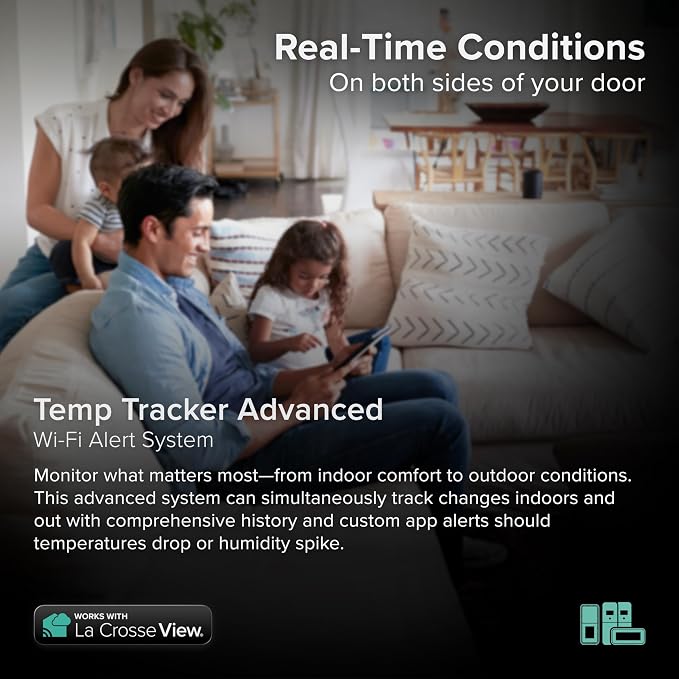 Temp Tracker Advanced Wi-Fi Alert System with the Bridge Gateway, 2 Indoor Outdoor Temperature and Humidity Sensors, an Interior Temperature and Humidity Display with Comfort Meter