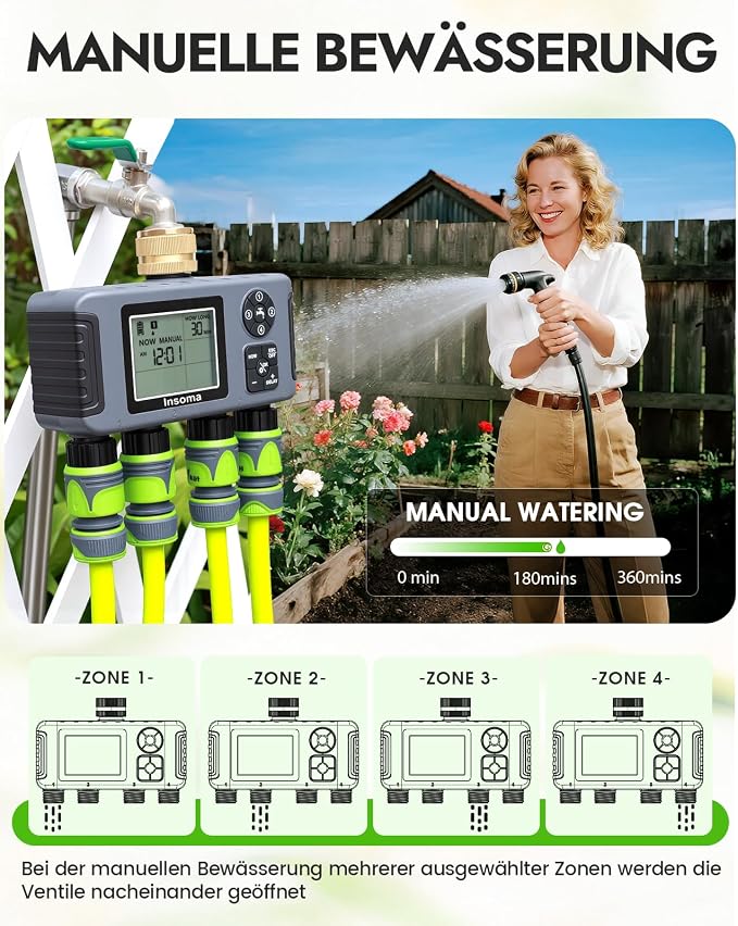 Insoma 4-Zone Water Timer with Brass Inlet, Automatic Garden Hose Timer with Manual/Rain Delay & Large Display, IPX5 Waterproof Faucet Timers for Sprinkler System, Yard, Lawn, Greenhouse