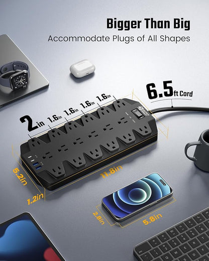 Surge Protector Power Strip, SUPERDANNY 18 AC Outlets with 4 USB Ports, 1875W/15A, 2100J, 6.5FT Flat Plug Heavy Duty Extension Cord with Wall Mount Holes for Home, Office, Gaming Room,Dorm, Black