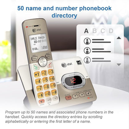 AT&T EL52213 2-Handset Cordless Phone with Digital Answering System, Extra-Large Backlit Keys, Caller ID/Call Waiting, DECT 6.0, Expandable, Speakerphone – Light Champagne