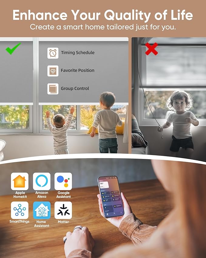 Motorized Blinds with Remote: Kincmo 100% Blackout Roller Shades Work with Apple Homekit,Alexa,Google Home, Customized Electric Blinds with App,Voice Control (100% Blackout Pure Grey)