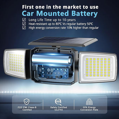 Solar Security Light Outdoor,Solar Flood Light with Active Motion Sensor,3 Heads 270° Wide Angle,Remote Control,IP65 Waterproof, 3 Modes (2 Packs)