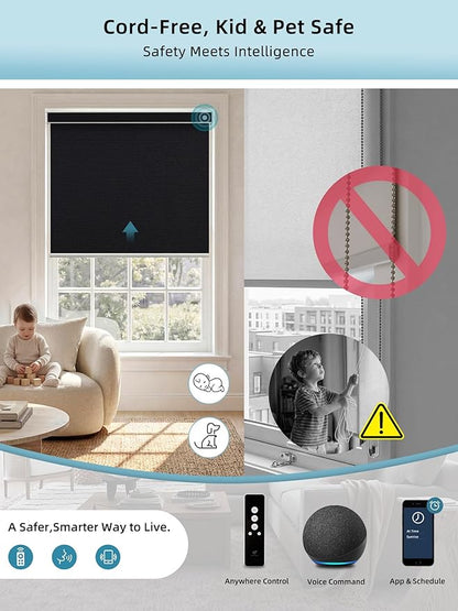 SmartWings Motorized Smart Blinds with Remote, Custom Automatic 100% Blackout Roller Shade Compatible with Alexa/Homekit/Google, Electric Smart Blinds for Indoor Windows, Eclipse Black