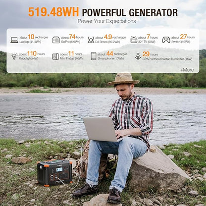 Portable Power Station 500W(Peak 1000W), 519Wh Outdoor Solar Generator