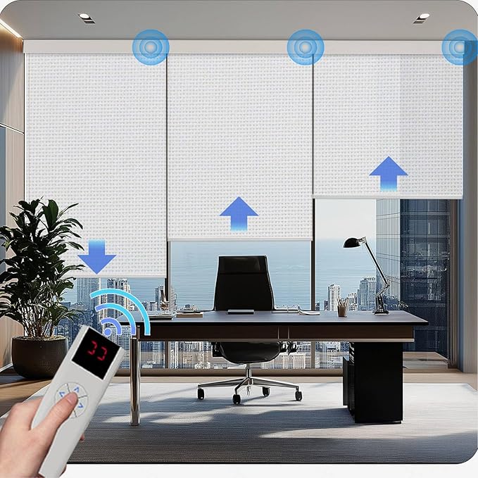 Motorized Blinds with Remote Cordless Automatic Motorized Shades Custom Blinds for Windows Smart Curtains Compatible with Alexa Google Home(Solar White,W23 x H72in)