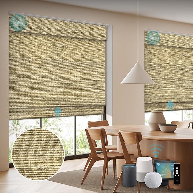 SmartWings Motorized Wood Blinds Smart Wooven Shades Blackout/Light fitlering for Windows, with Remote for Bedroom Living Room, Work with Matter Zigbee Alexa Z-Wave Google Home, Customized, Ramie 390