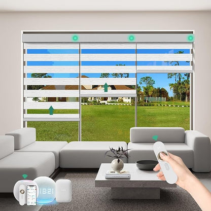 Motorized Zebra Blinds with Remote [Dual Layer + Light Filtering] 60% Blackout Smart Shades for Indoor Windows, Alexa Google and HomeKit Compatible, Customized Size, Woven Mist
