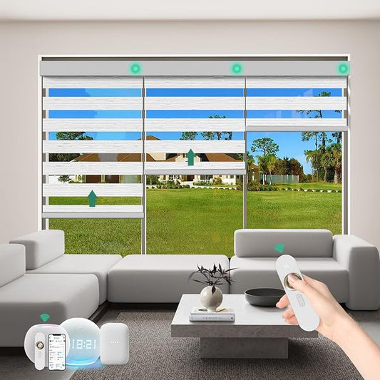 Motorized Zebra Blinds with Remote [Dual Layer + Light Filtering] 60% Blackout Smart Shades for Indoor Windows, Alexa Google and HomeKit Compatible, Customized Size, Woven Mist