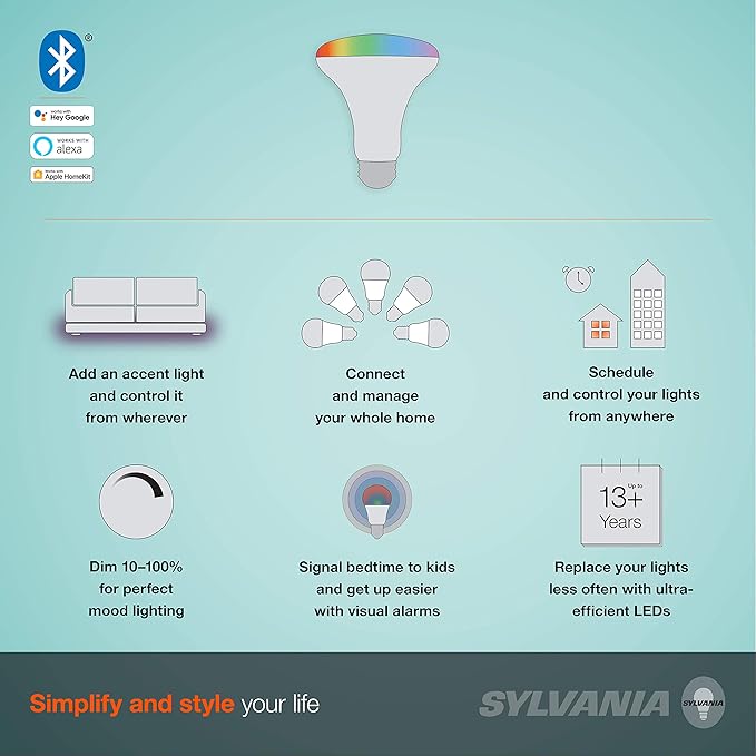 LEDVANCE Sylvania Smart+ Bluetooth Full Color and Tunable White BR30 LED Bulb, Fully Dimmable, Compatible with Alexa, Apple HomeKit and Google Assistant, 1 Pack