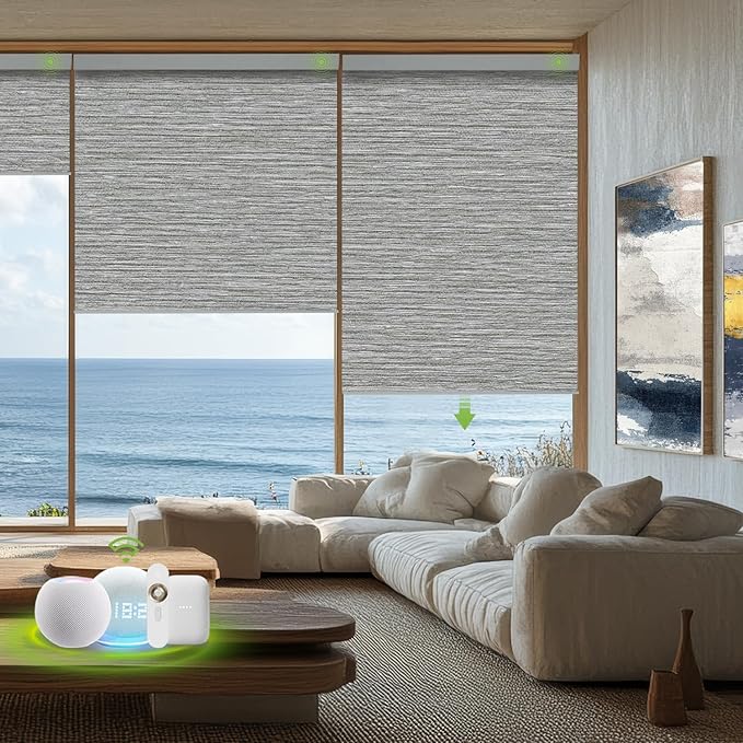 Motorized Blinds with Remote，100% Blackout Smart Blinds Motorized Roller Shades Compatible with Alexa Automatic Blinds for Windows Electric Window Blinds Customized Size Silver Gray