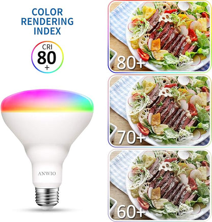 ANWIO Smart Light Bulb BR30 RGB Color Changing LED WiFi Dimmable Multicolor Light Bulbs E26 Base, Compatible with Alexa, Google Assistant, No Hub Required, 1300 Lumen 13W (100W Equivalent) 2 Pack