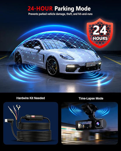 4K+2K+2K 3 Channel Dash Cam Front and Rear, 128GB Card Included, Dash Camera for Cars 5.8G/2.4G Dual Wifi, Built-in GPS, Night Vision, WDR, 170°Wide Angle, G-Sensor Emergency Lock, 24H Parking Monitor