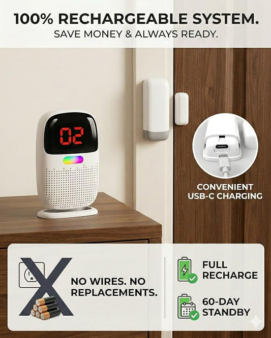 PILSAMAS Rechargeable Whole House Door Alarm System for Wandering Seniors | 1 Receiver 4 sensors, Full rechargeable, 1000ft range, Portable LED ID receiver, Vibrate, No monthly fee, For elderly & kids