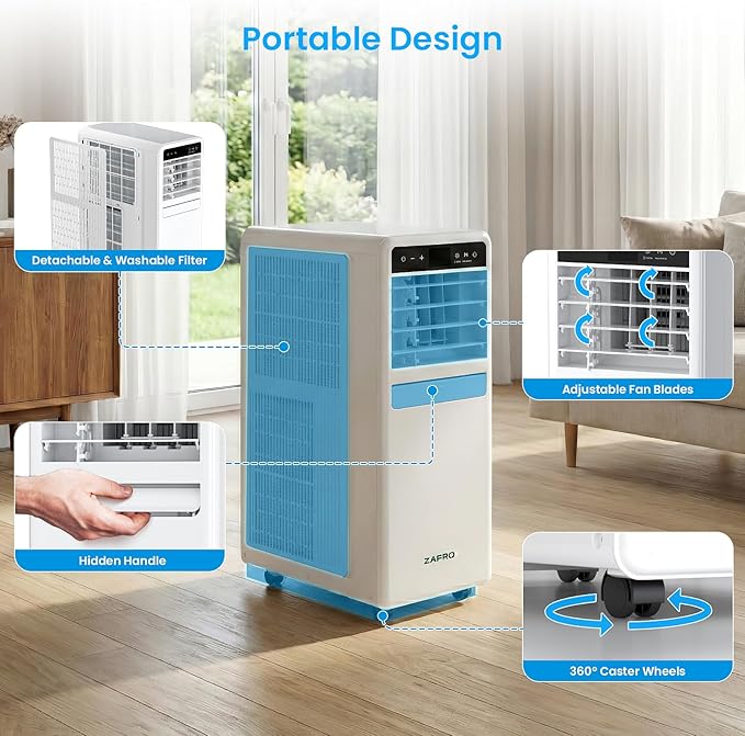 ZAFRO Portable Air Conditioners, 10000 BTU (6000 BTU SACC), Smart AC Unit with Drainage-free Cooling, Fan & Dehumidifier, Portable AC with APP/Remote, 47dB Quiet, 24H Timer for Living Room, Bedroom