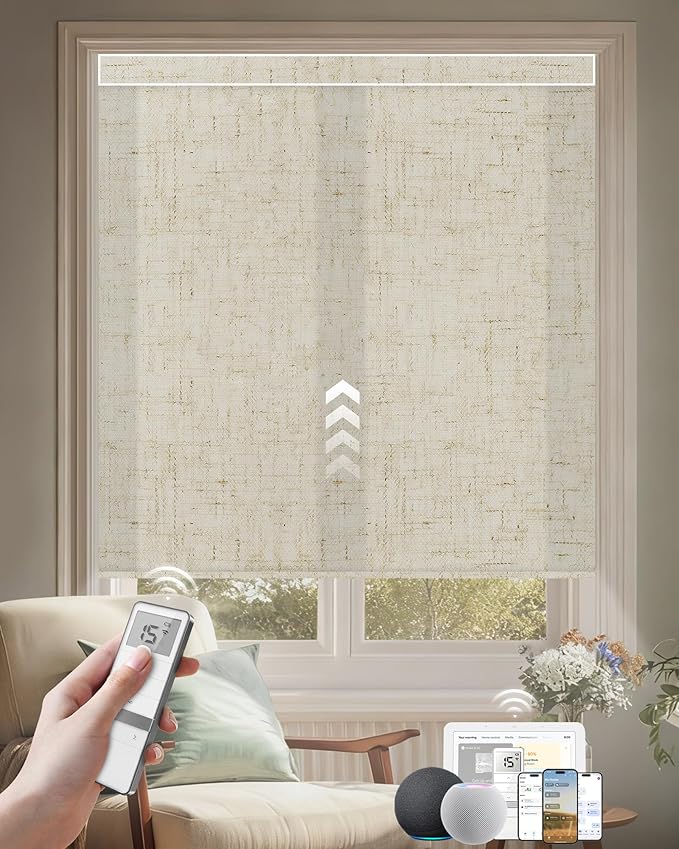 Kincmo Motorized Blinds with Remote, Light Filtering Roller Shades Work with Apple Homekit,Alexa,Google Home, Custom Electric Blinds with App,Voice Control (75% Blackout Linen Stone)