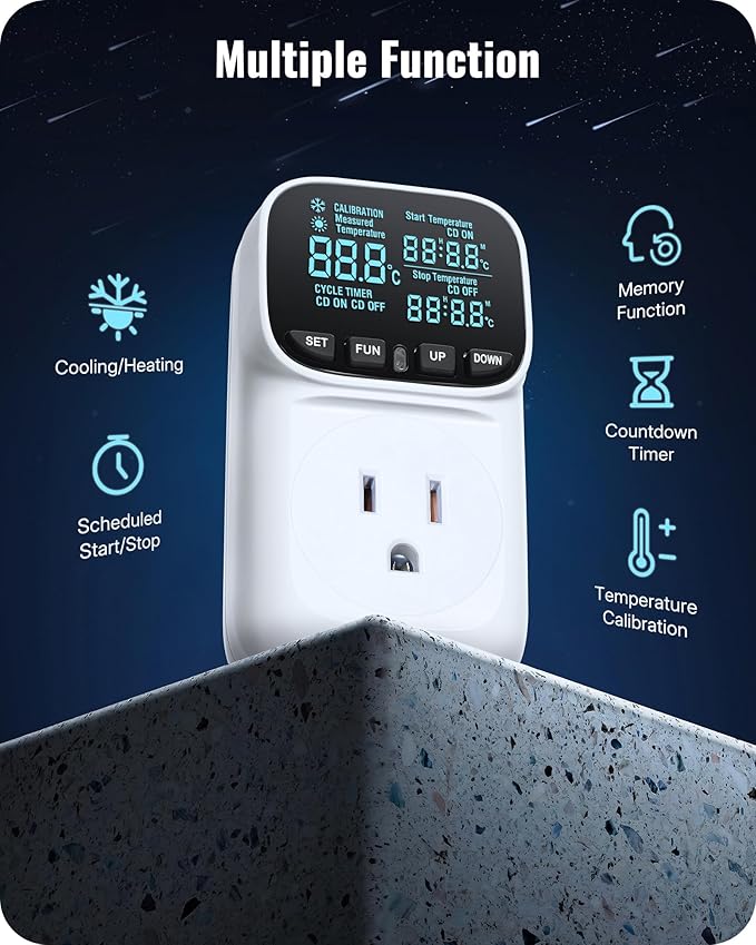 Digital Temperature Controller Outlet, 15A/1800W Heavy Duty Thermostat Plug, VA LCD Display, Heating/Cooling Control, -40°F~210°F, 4 Timer Modes, for Greenhouse Incubator Homebrew W02TC06