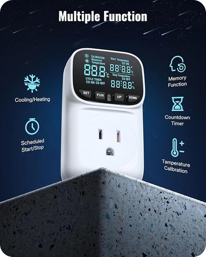 Digital Temperature Controller Outlet, 15A/1800W Heavy Duty Thermostat Plug, VA LCD Display, Heating/Cooling Control, -40°F~210°F, 4 Timer Modes, for Greenhouse Incubator Homebrew W02TC06
