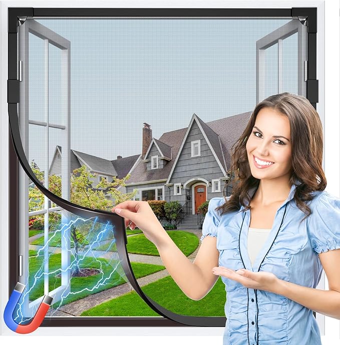 HOFUDON Window Screen Adjustable Magnetic Window Screen Replacement Max 43” x 71”, DIY Fiberglass Mesh Window Screens for House Windows Black Frame Grey Mesh