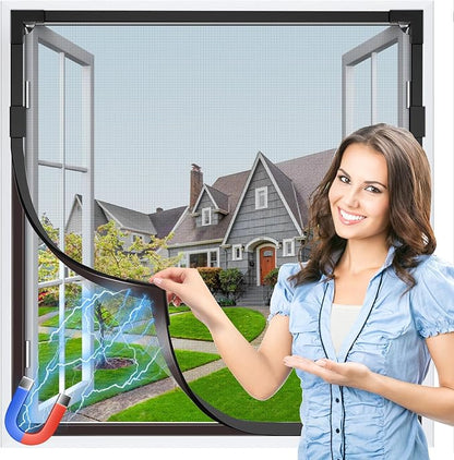 HOFUDON Window Screen Adjustable Magnetic Window Screen Replacement Max 47” x 75”, DIY Fiberglass Mesh Window Screens for House Windows Black Frame Grey Mesh
