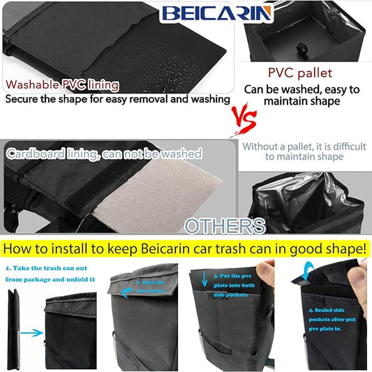 Beicarin Car Trash Can with Lid - Car Trash Bag Hanging with Storage Pockets Collapsible and Portable Car Garbage Bin, Leak-Proof Car Organizer, 1.82 Gallons Multipurpose Trash Bin for Car