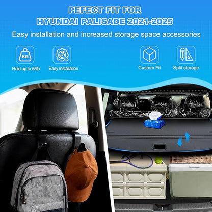 AUXKO Retractable Cargo Cover for Hyundai Palisade 2025 2024-2020 with 4PCS Headrest Hooks, Trunk Cover Luggage Security Shade Cover Shielding Shade Anti-Peeping Luggage Privacy Screen, Carbon Fiber